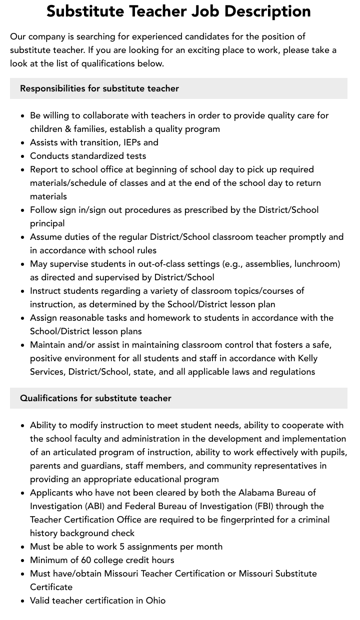 Substitute Teacher Job Description | Velvet Jobs