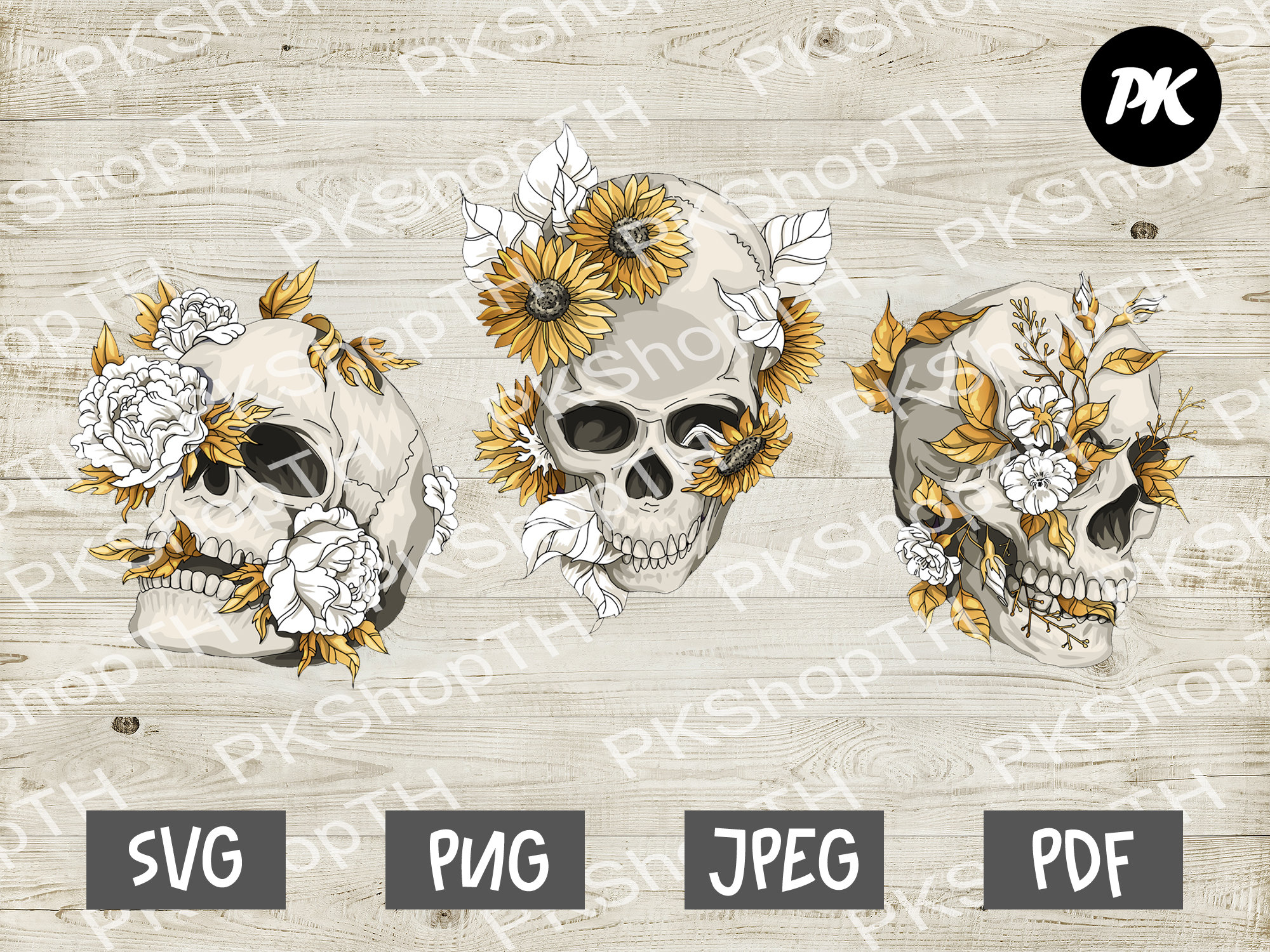 Sunflower skull svg bundle Floral skull svg Flower with | Etsy
